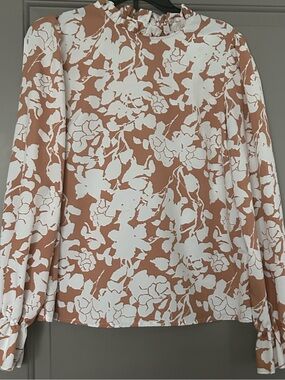 Womens Cream & Tan Floral Ruffle Neck Blouse